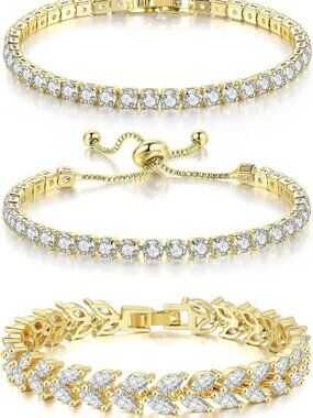 Stunning 3-Piece Tennis Bracelet Set for Women - Silver, Gold & Blue CZ Jewelry